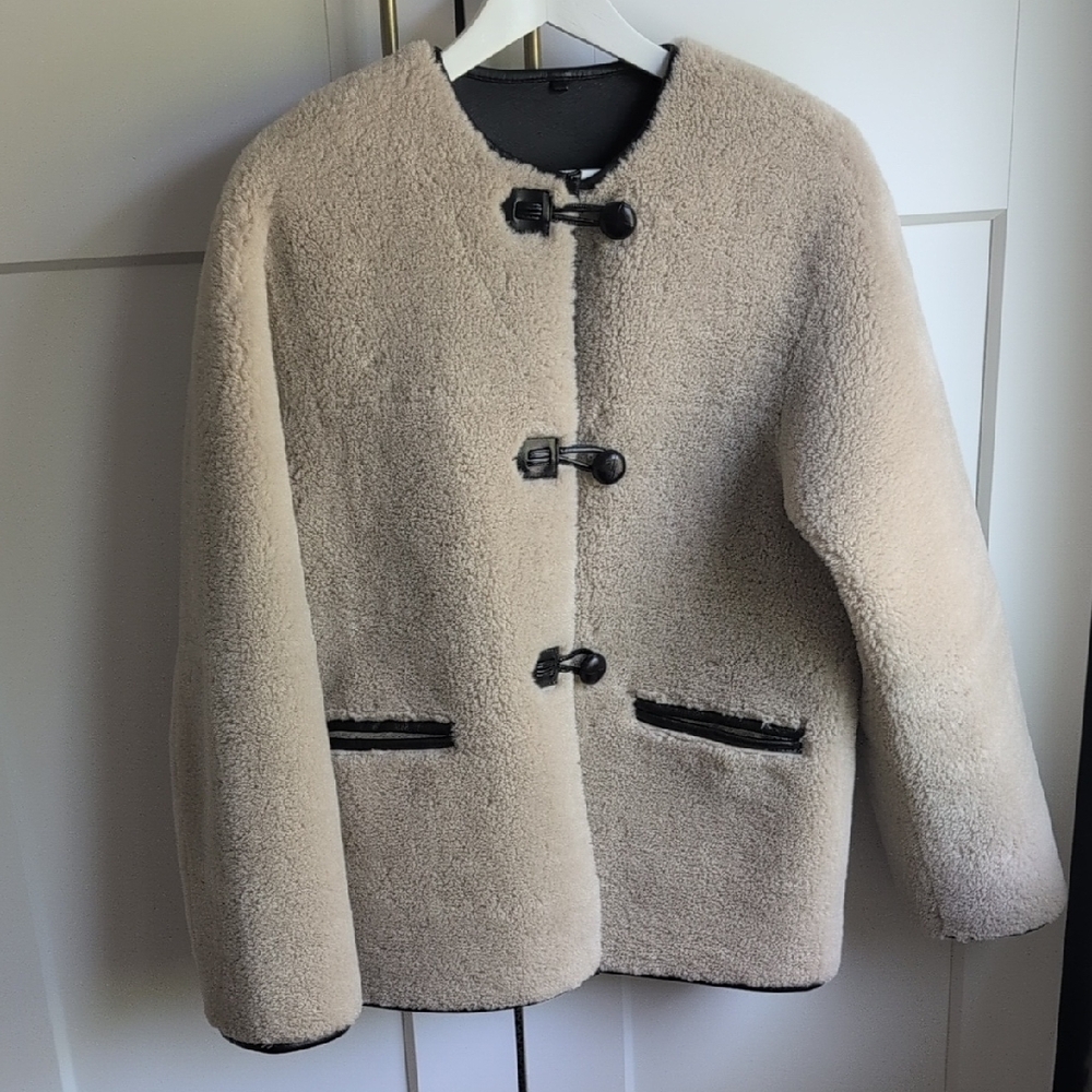 Mango Cream Teddy Jacket with Black Trim
